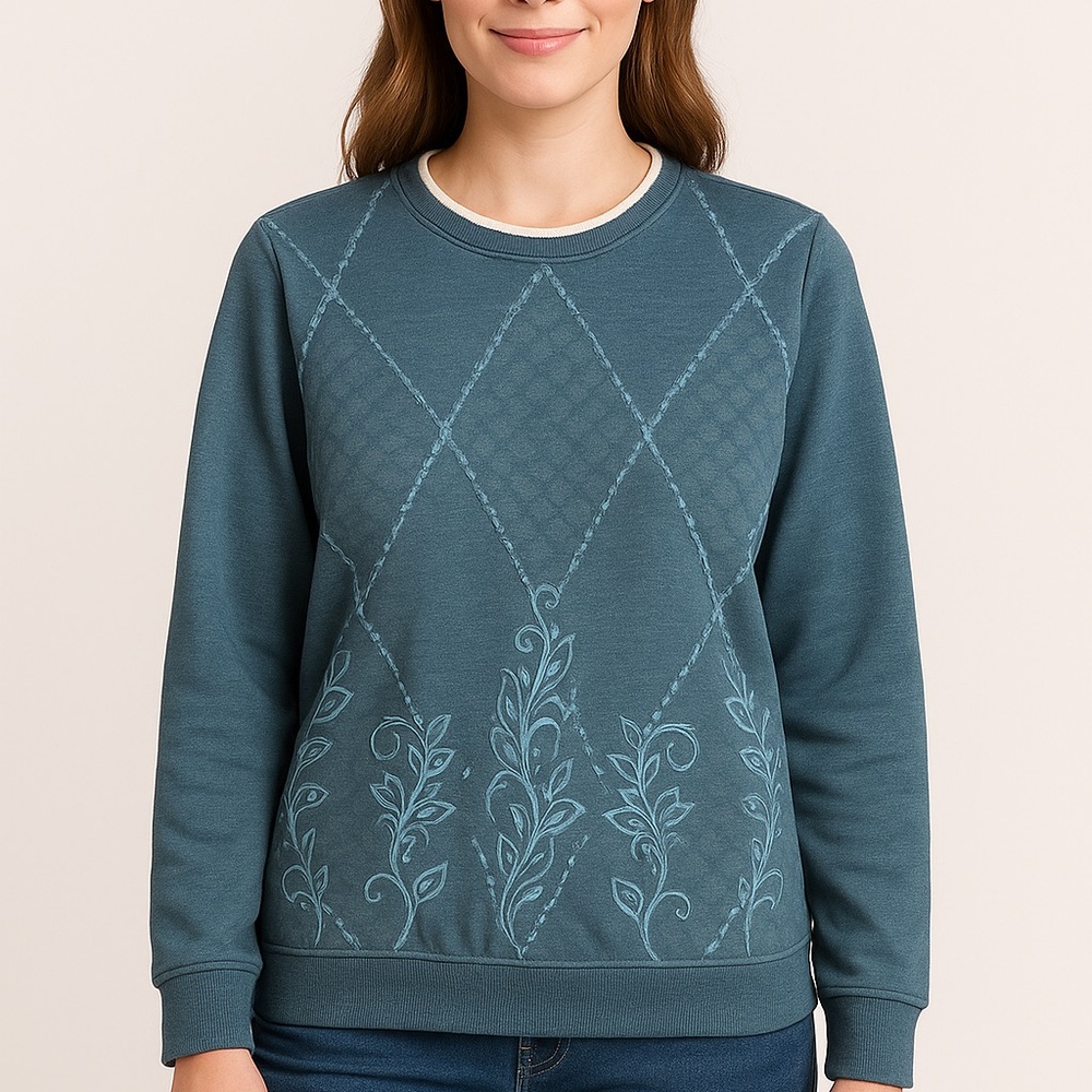 Alfred Dunner Blue Embroidered Argyle Floral Sweatshirt Pullover Women’s‎ M